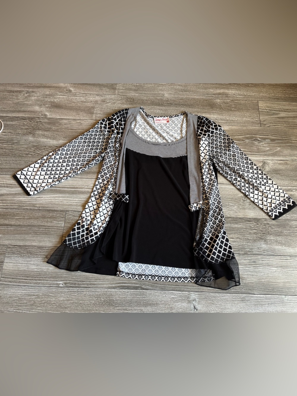 Mango Black and White Geometric Mix Cardigan